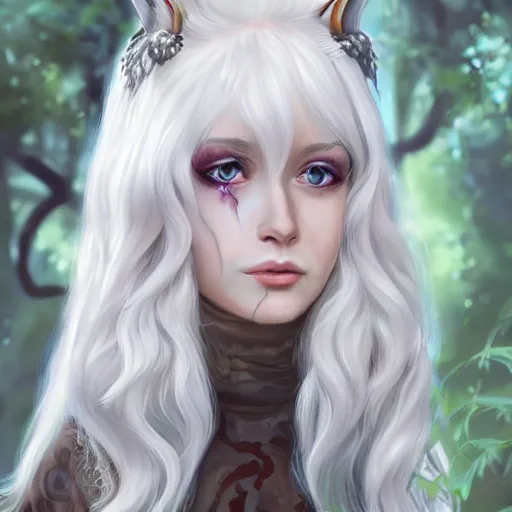 Image similar to a highly detailed portrait of a cute fantasy creature with white hair in a fantasy forest concept art