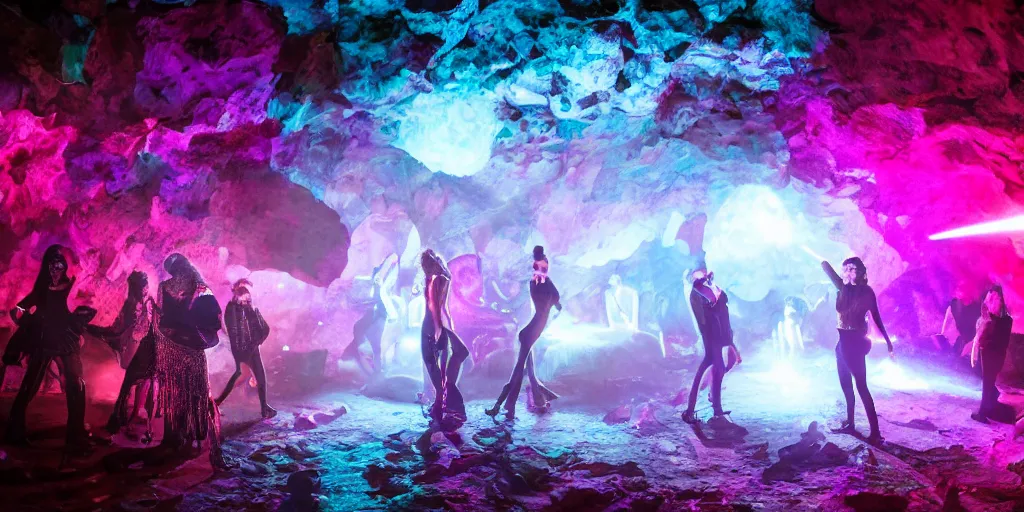 Prompt: cinematic shot of a goth disco nightclub in a cave, (((sphere made of knives))) pink lasers and blue crystals, goth people dancing, 8k photograph