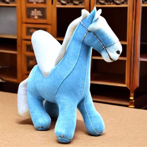 Image similar to a beautiful realistic elegant felt plush horse in dusty blue with ornate detailed embroidered flower decoration
