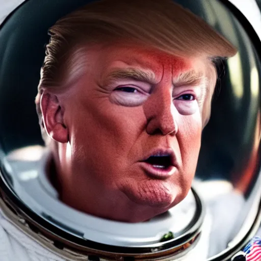 Image similar to A dramatic up close shot of Donald Trump staring into the camera as an astronaut, extremely detailed award winning photo, surreal