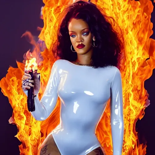 Image similar to a portrait of rihanna wearing a latex bodysuit standing in front of a burning down house. she's holding a flaming torch. exquisite details. photorealistic.