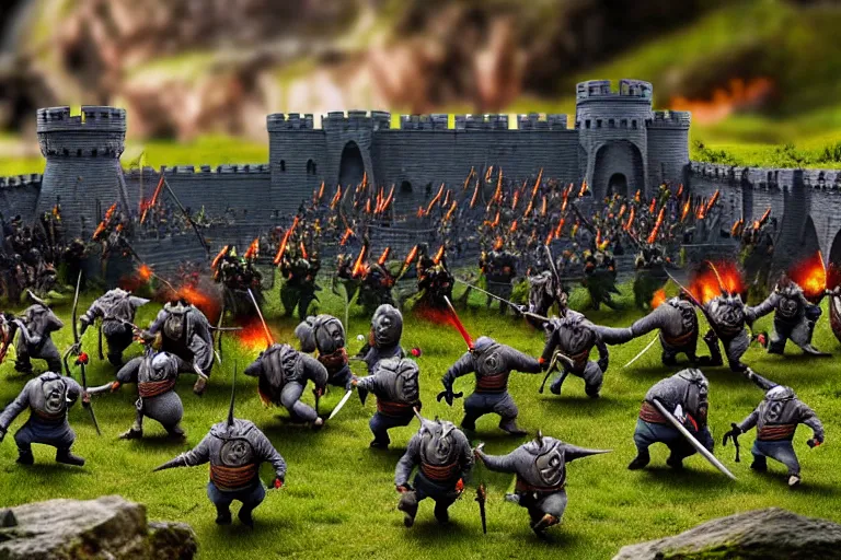 Image similar to diorama of minions fighting orcs in the battle of helm's deep, giant castle walls, realistic, 4 k, detailed