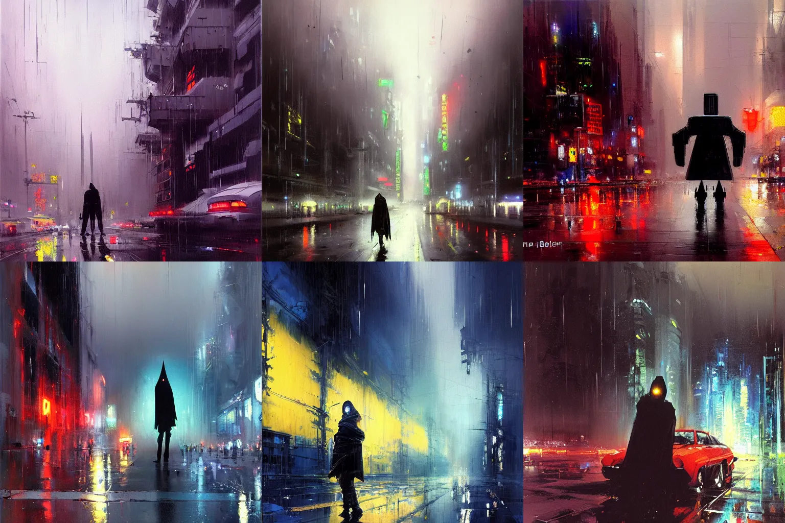 Prompt: painting of an ominous android with a cape, standing in the streets of a rainy cyberpunk cify, fog, wide angle, by John Berkey, trending on art station