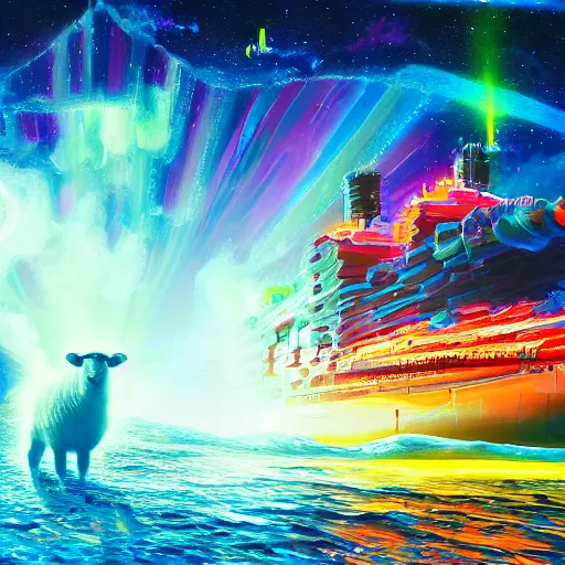 Prompt: electric neon sheep merged with a giant ship in space, oil painting, highly detailed, sharp smooth focus, art by Victor Safonkin, 8k wallpaper