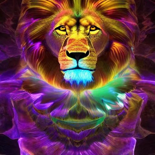 Image similar to a crystalline 3 d mandelbulb fractal in the shape of a lion, bioluminescent opal, fractal, magnificent lighting, ethereal, ray tracing, octane