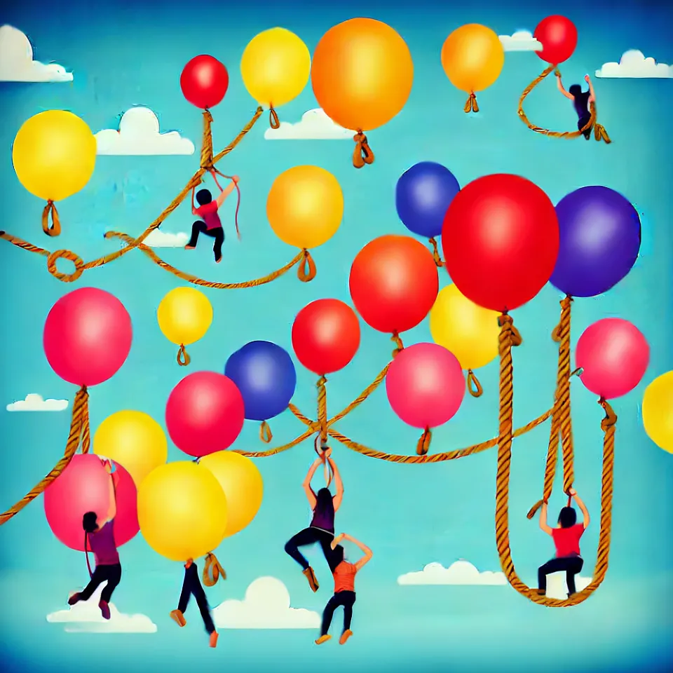 Image similar to large colorful balloons with people on rope swings underneath, flying high over the landscape, realistic, detailed