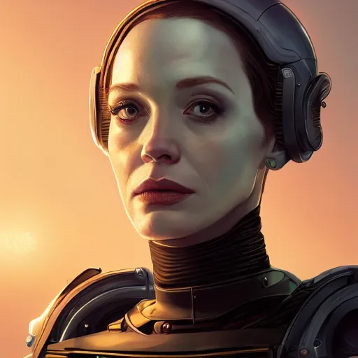 Image similar to highly detailed portrait christina hendricks robot in gta v, stephen bliss, unreal engine, fantasy art by greg rutkowski, loish, rhads, ferdinand knab, makoto shinkai and lois van baarle, ilya kuvshinov, rossdraws, tom bagshaw, global illumination, radiant light, detailed and intricate environment