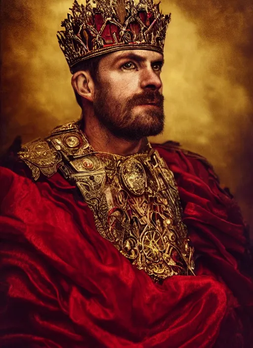 Image similar to 'Portrait of Crowned King Arthur' by Lee Jeffries royally decorated, whirling plasma, atmospheric motes, red and gold Sumptuous garb, gilt silk fabric, radiant colors, fantasy, perfect lighting, studio lit, micro details,