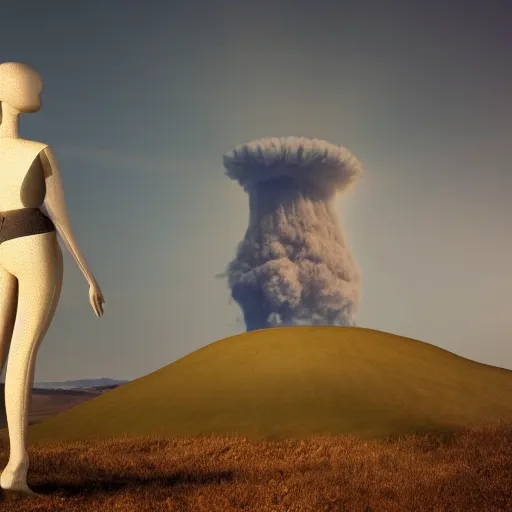 Prompt: a mannequin standing in a hill with a nuclear detonation in the background, 3 d render, octane, ray tracing, ultra detailed, photorealistic, ultra high resolution, 8 k