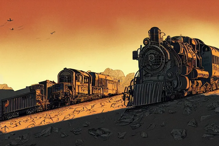 Image similar to old western freight train illustration by joe fenton and syd mead, artstation, 4 k, graphic novel, concept art, matte painting, steam engine spewing billowy white clouds of steam, beautiful idyllic mountain desert sunset background, golden hour