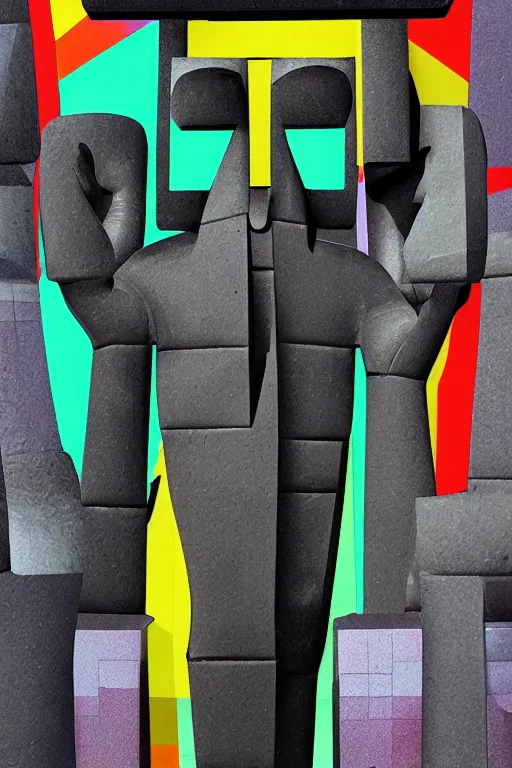 Image similar to cubist moai statue cutout digital illustration cartoon colorful beeple