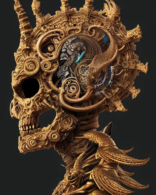 Image similar to 3 d ornate carved dark cosmic king with tattoos profile portrait, sigma 5 0 0 mm f / 5. beautiful intricate highly detailed quetzalcoatl skull. bioluminescent, plasma, lava, ice, water, wind, creature, thunderstorm! artwork by tooth wu and wlop and beeple and greg rutkowski, 8 k trending on artstation