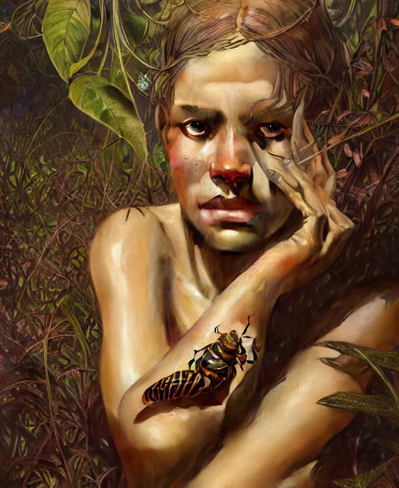 Image similar to intricate earth - toned portrait of a comforting alien insect creature, mottling coloring, adorable, childlike, overgrown environment, ultra realistic, concept art, maximalist, photorealistic, octane render, 8 k, unreal engine. art by christopher marley and artgerm and greg rutkowski and alphonse mucha