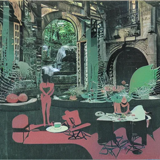 Prompt: breakfast at las pozas, 1 9 7 6 cut out collage, moebius