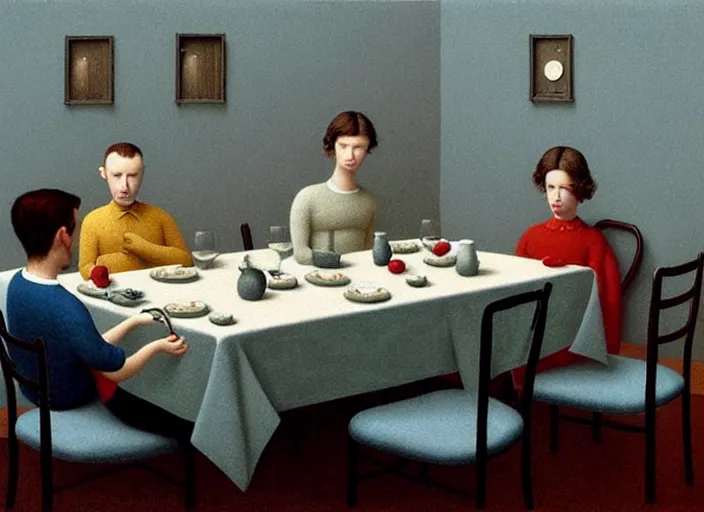 Image similar to a very boring dinner party, painting by quint buchholz and ray caesar, muted colors, gray, dull, boring, low energy, pale blue faces, very detailed