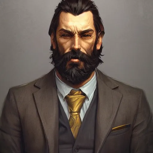 Prompt: rugged bearded man in suit, fantasy, D&D, portrait, piercing stare, highly detailed, digital painting, artstation, concept art, sharp focus, illustration, art by artgerm and greg rutkowski and alphonse mucha