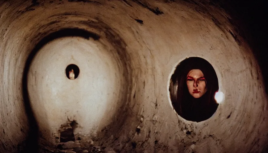 Prompt: portrait of a white female phantom with a hole in the forehead in an empty soviet tunnel, cinestill 800t 35mm, heavy grain, high quality, liminal space style