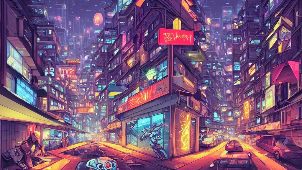 Image similar to street view of the city at night by cyril rolando and naomi okubo and dan mumford and zaha hadid. robots. flying cars. advertisements. neon. night train.