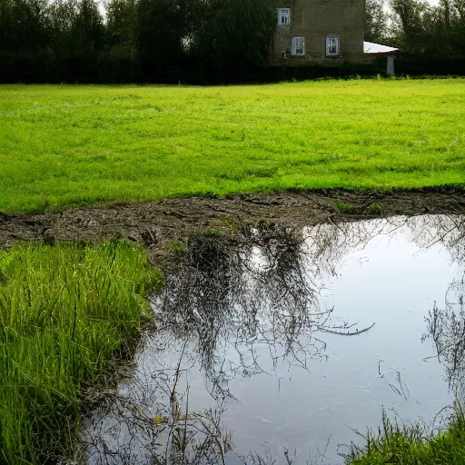 Prompt: standing in a field with a house in the distance, a small stream flowing through the field, standing inside a giant sphere