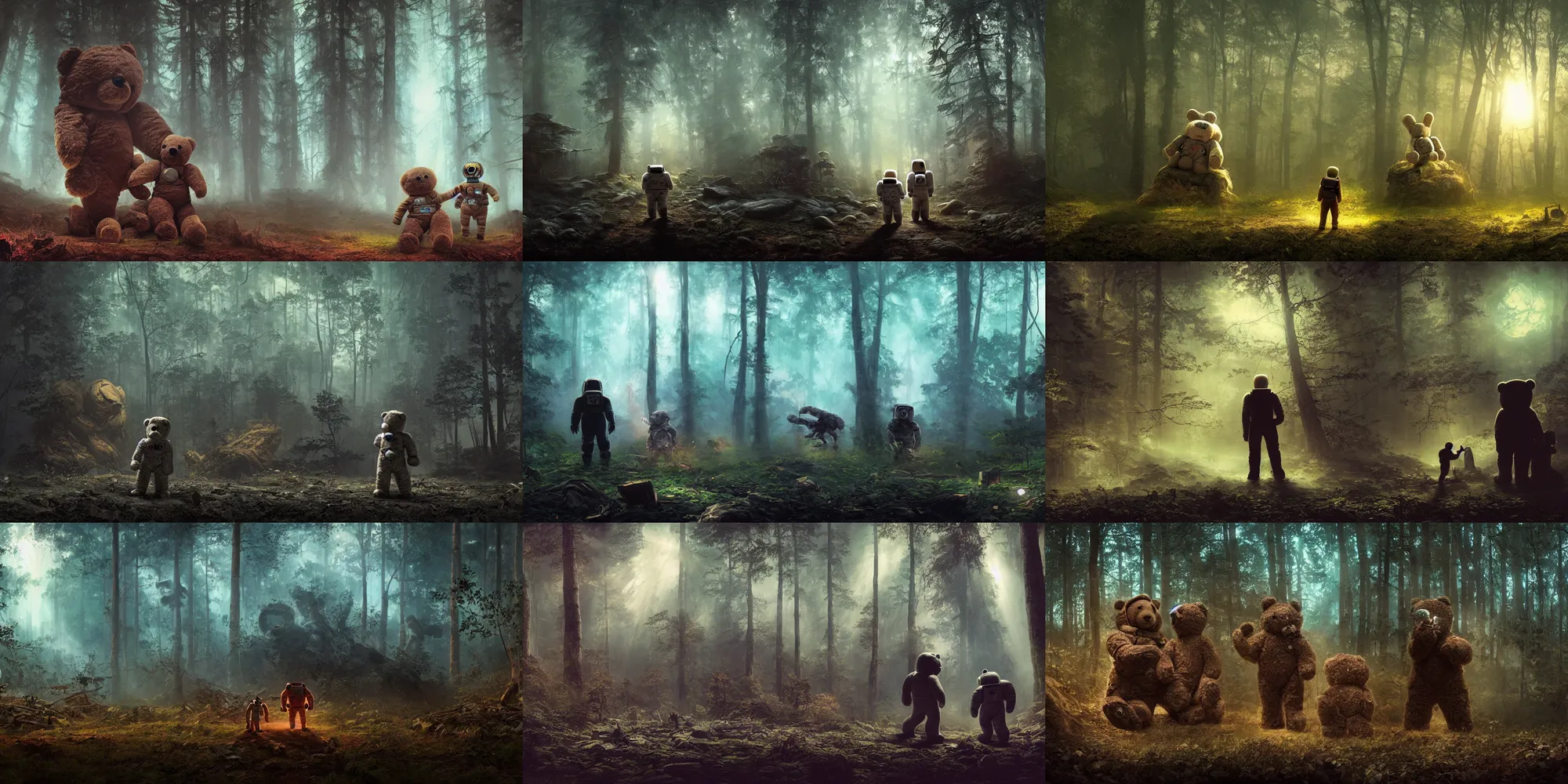 Prompt: giant oversized teddy bear and human astronaut in a dark moody scary forest , ful of dead corpses, cyan portal gate next to big graveyard, extremely textured frazetta oil painting panorama 8k intricate dramatic cinematic mood backlight