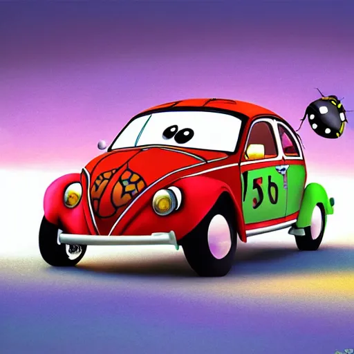 Prompt: a hybrid giant lady bug is merged with'herbie the love bug'car, digital art, phtorealistic, imax, 7 0 mm, movie still