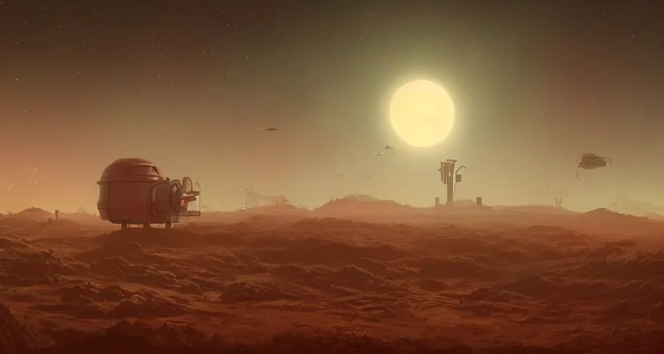 Image similar to A very very very dim Venusian outpost, red atmosphere, very hazy, rendered by simon stålenhag, rendered by Beeple, Makoto Shinkai, syd meade, environment concept, digital art, starwars, unreal engine, 3 point perspective, WLOP, trending on artstation, low level, 4K UHD image, octane render,