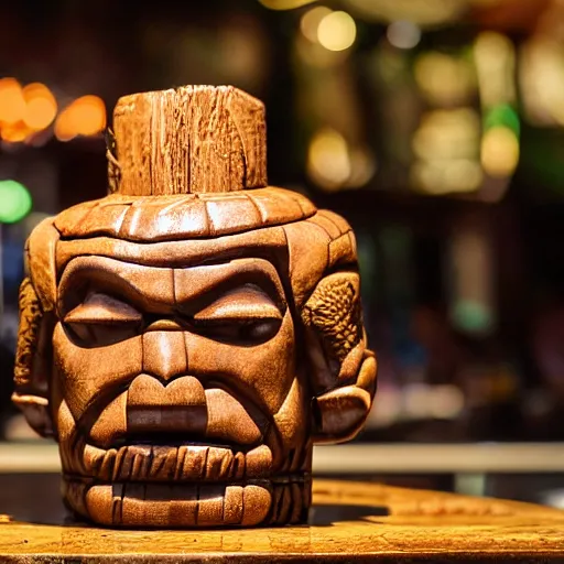 Image similar to a closeup photorealistic photograph of ben grimm's face on a tiki mug at trader vic's beach bar. fantastic four. tiki culture. bright scene. fine detail. this 4 k hd image is trending on artstation, featured on behance, well - rendered, extra crisp, features intricate detail, epic composition and the style of unreal engine.