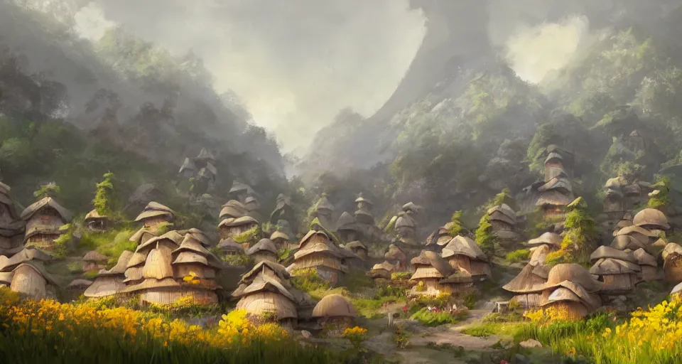 Image similar to beautiful village with japaneese mushroom houses on a mountain slope, realistic concept art, eytan zana, one pixel brush, lavander and yellow color scheme, concept art, trending on artstation