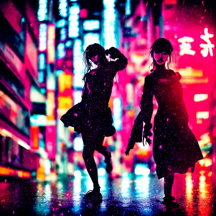 Image similar to a photo close up cyberpunk woman dancing in the rain, cyberpunk hiroshima, prefecture streets, midnight, photorealistic, cinematic lighting, highly detailed, bokeh, style by tomino - sama