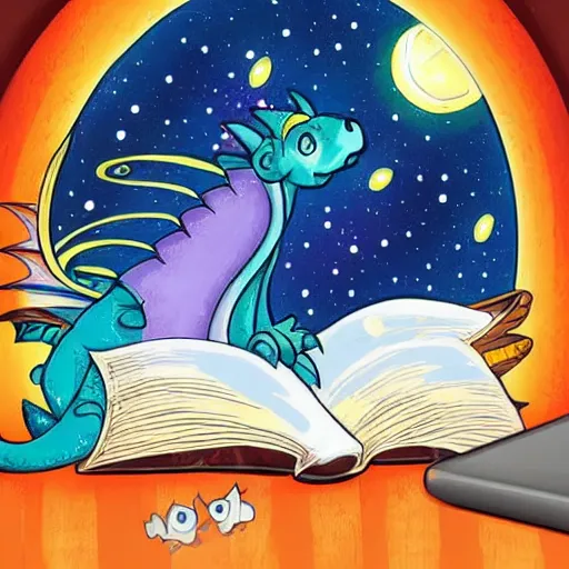 Image similar to cute dragon reading book with starry background, detailed, digital art