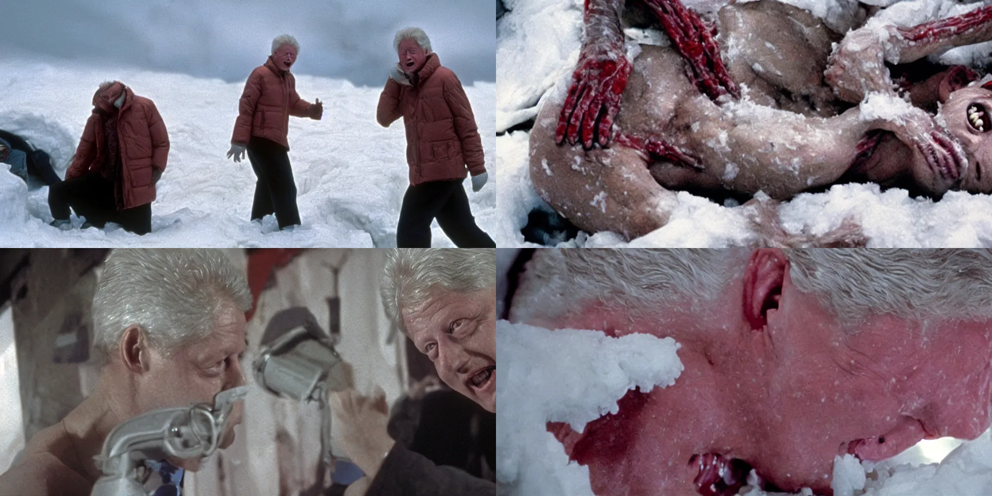 Prompt: bill clinton body horror in the thing ( 1 9 8 2 ) directed by john carpenter, limb mutations, swollen veins, red flesh strings, antarctica, snow, flamethrower, cinestill 8 0 0 t, 1 9 8 0 s movie still, film grain