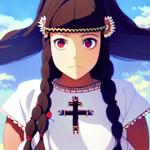 Image similar to a beautiful! plus sized instagram model, brown skin, wearing catholic school girl outfit with mayan pattern and native style, jrpg aztec street fashion, gapmoe yandere grimdark, trending on pixiv fanbox, painted by greg rutkowski makoto shinkai takashi takeuchi studio ghibli, akihiko yoshida