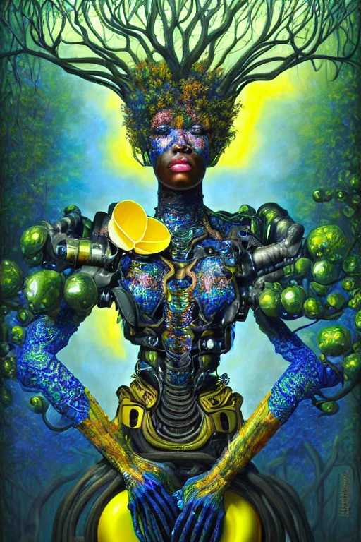 Image similar to hyperrealistic maximalist super expressive! black woman with exoskeleton armor, merging with tree in a forest, highly detailed digital painting masterpiece smooth cam de leon hannah yata dramatic pearlescent blue yellow light ground angle hd 8k sharp focus