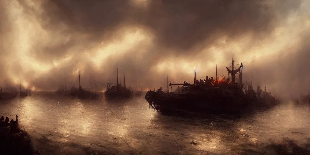 Image similar to Hyper realistic oil painting of a medieval fleet burning, dark smoke rising to the skies, stormy weather, dark clouds, fog, moody cinematic lighting, atmospheric, dark, by Greg Rutkowski, trending on artstation