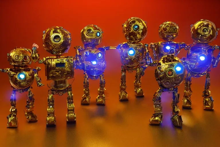 Image similar to 7 golden and blue metal humanoid steampunk robots dancing on a theaterstage, robots are wearing and gears and tubes, eyes are glowing red lightbulbs, shiny crisp finish, 3 d render, 8 k, insaneley detailed, fluorescent colors, nightlight