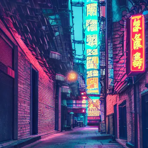 Prompt: an alleyway in Chongqing!!! China, Night, neon light, advertisement!!!!!, octane render, aesthetic!!!!!