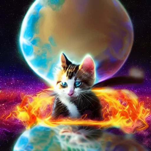 Prompt: a magic the gathering card of a kitten blowing up a planet