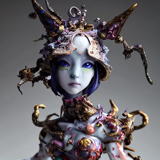 Image similar to by Yoshitaka Amano, by James Jean, by Good Smile Company, detailed resin anime sculpture of a 26yo female jester necromancer wearing a skull hat, close up dslr studio photograph, headshot, portrait, artstation, sci fi futuristic costume, mysterious temple setting, grim lighting