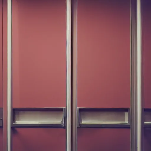 Image similar to noisy color photograph of a retrofuturist modern liminal space, laboratory, prison, red lights, automatic doors, minimalist, cinematic, soft vintage glow