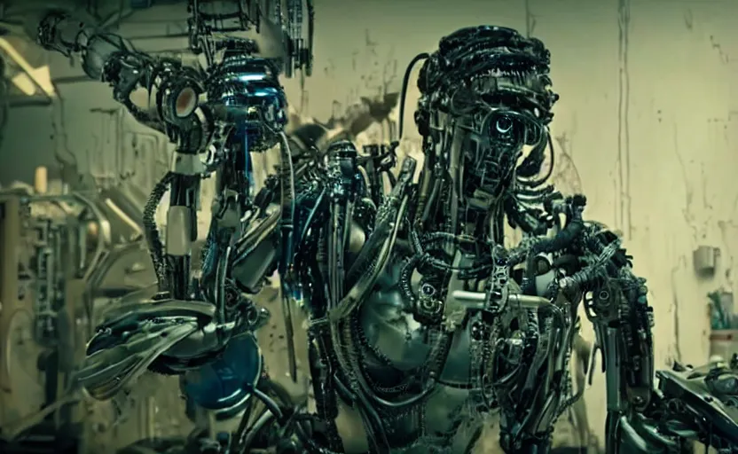 Image similar to biopunk style bounty hunter with one mechanical prosthetic arm and many cybernetics, movie still, cinematic shot