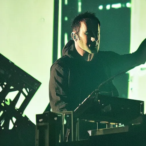 Prompt: Trent Reznor playing NIN concert in a cyberpunk era