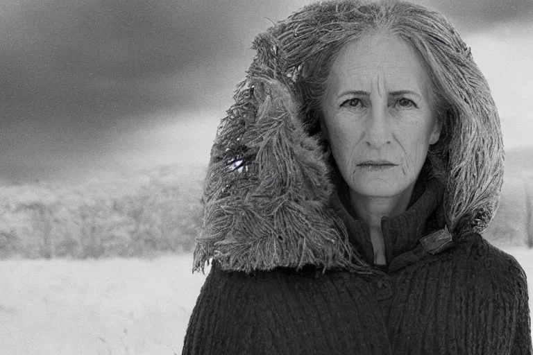 Prompt: a cinematic!!! headshot!!! portrait of a frozen middle aged woman stood in a field, ( ( ( field on fire ) ) ), ultra realistic, depth, beautiful lighting, by annie leibovitz, by!!!!! mattias adolfsson!!!!!