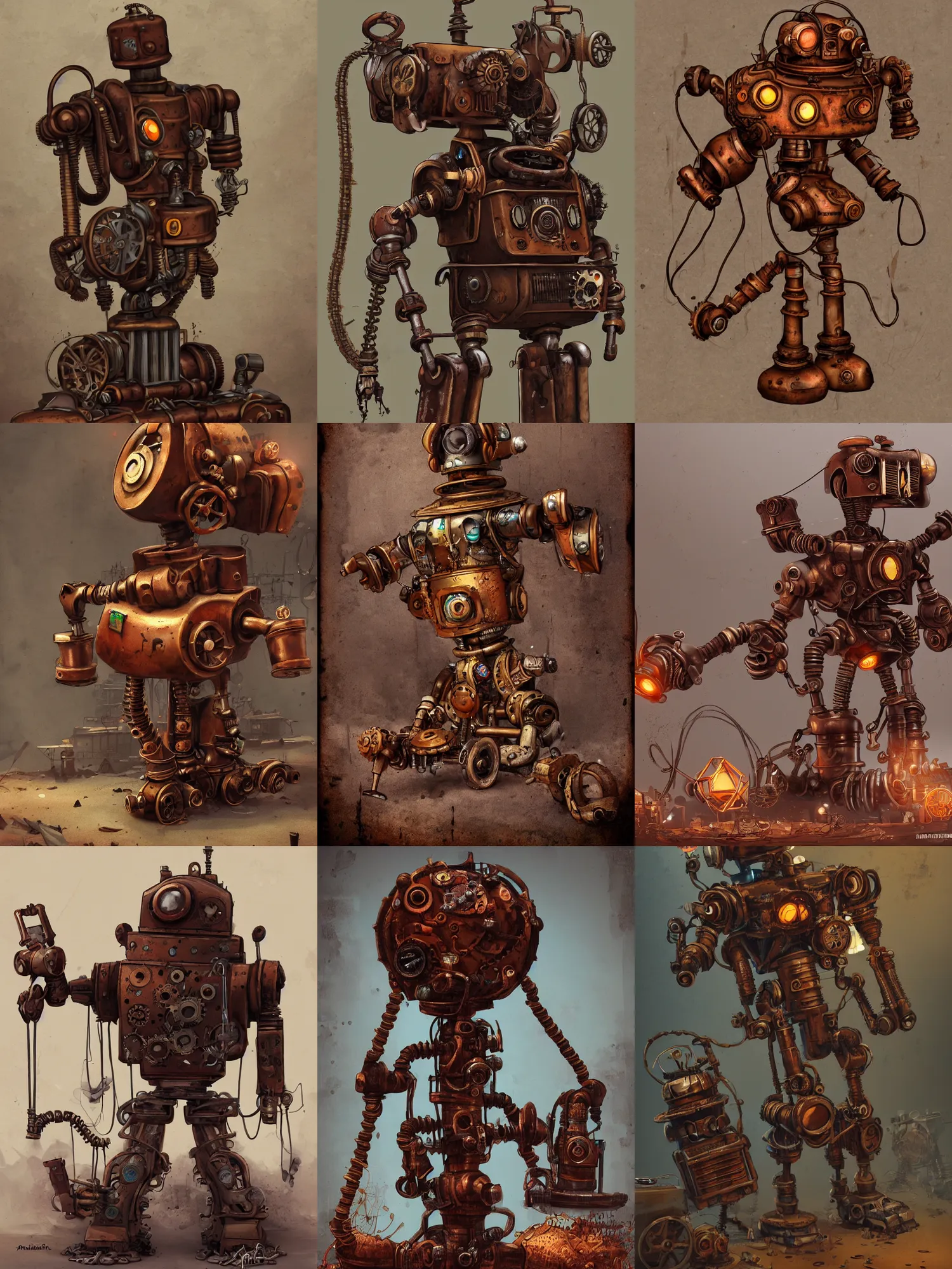 Prompt: a rusted steampunk law - enfoncer robot, junkyard, digital illustration, grimdark, artstation