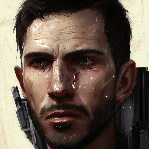 Prompt: portrait of a man by Greg Rutkowski, he is about 30 years old, he has short black hair in military-style, a straight jaw, he has a scar above one eyebrow, he wears Galactic Alliance military fatigues, Star Wars Expanded Universe, highly detailed portrait, digital painting, artstation, concept art, smooth, sharp foccus ilustration, Artstation HQ