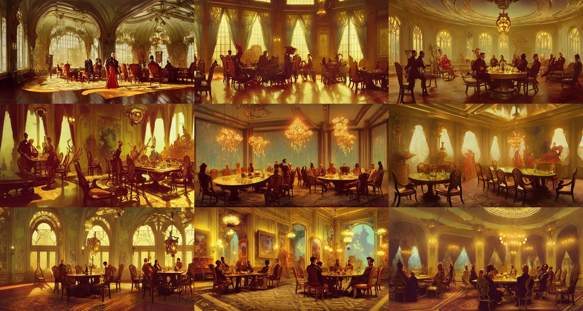 Prompt: royal dinner room, art nouveau architecture, art by joseph leyendecker, ivan aivazovsky, ruan jia, reza afshar, marc simonetti, alphonse mucha