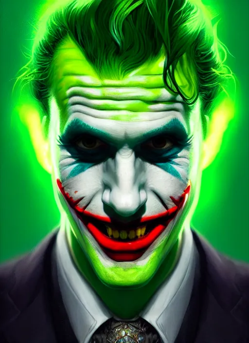 Image similar to portrait of jon as the joker, green hair, intricate, elegant, glowing lights, highly detailed, digital painting, artstation, concept art, sharp focus, illustration, art by wlop, mars ravelo and greg rutkowski