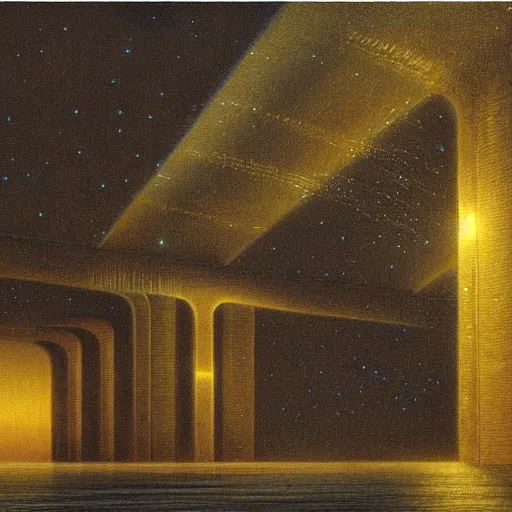 Prompt: Spaceport docking bay at night, inner light. Concept art. Beksinski
