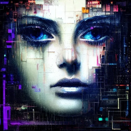Prompt: hyperrealistic portrait of a young women with shining crystal eyes, by Guy Denning, by Johannes Itten, by Russ Mills, centered, glitch art, hacking effects, digital tech effects, cyberpunk, color blocking! , oil on canvas, intricate detail, concept art, abstract, detailed lines, clean, seductive eyes, symmetrical eyes, symmetrical, octane, cgsociety, 8k, trending on artstation