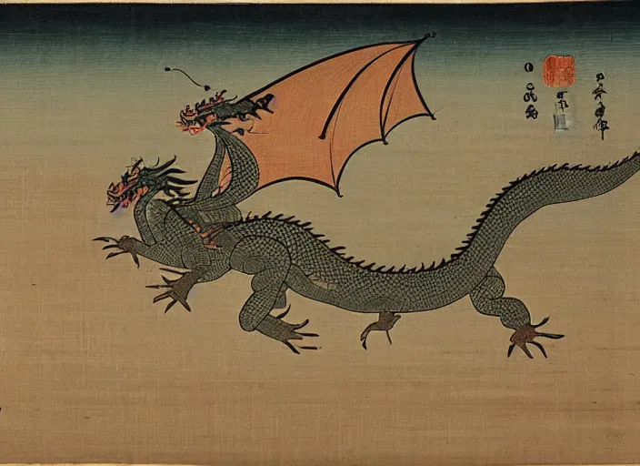Prompt: Coherent Edo period art of a dragon above a seashore landscape