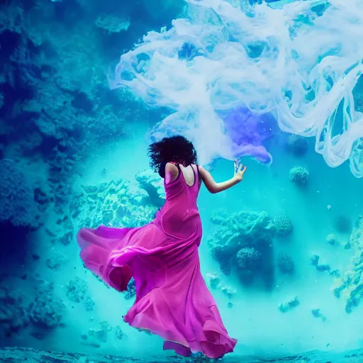 Prompt: woman dancing underwater wearing a flowing dress made of blue, magenta, and yellow seaweed, delicate coral sea bottom, swirling silver fish, swirling smoke shapes, unreal engine, caustics lighting from above, cinematic, hyperdetailed